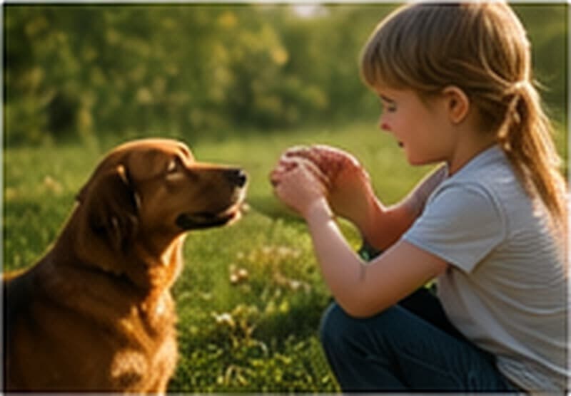 Kind begegnet einem Hund ruhig und achtsam